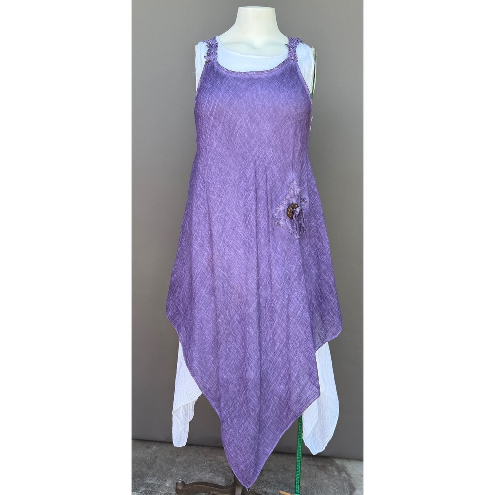Zury Dress S/M Purple Cotton Gauze Lagenlook Boho Crochet Lace Handkerchief Hem‎